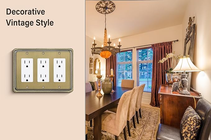 Henne Bery Rope Edge Decorative Wall Plate Switch Plate Outlet Cover (Triple Decorator, Antique Brass)