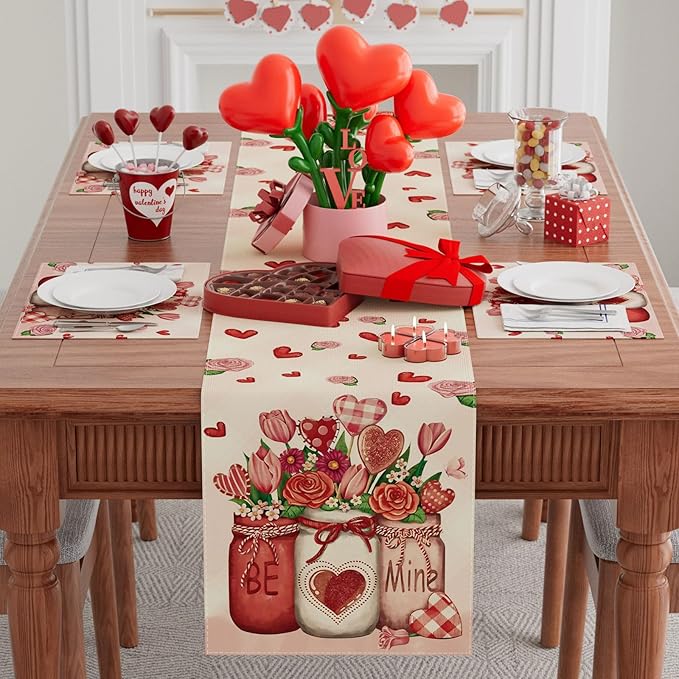 XCHI Roses Flowers Love Hearts Vase Valentine’s Day Table Runner Table Decoration for Party Home Kitchen Dining Dinner Holiday Decor 13x48 Inch