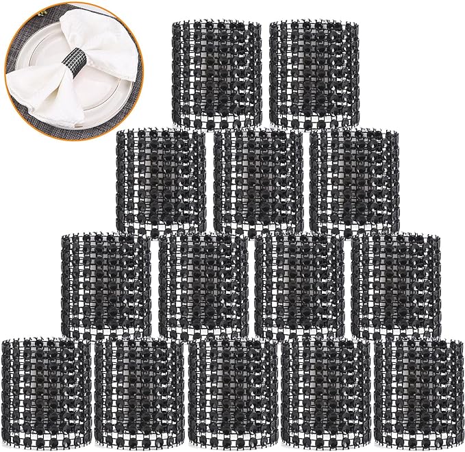 Black Napkin Rings Bulk Set of 150pcs,Diamond Crystal Rhinestone Napkin Rings Adornment for Wedding Reception, Dinner, Place Settings, Holiday Parties or DIY Decoration (150,Black)