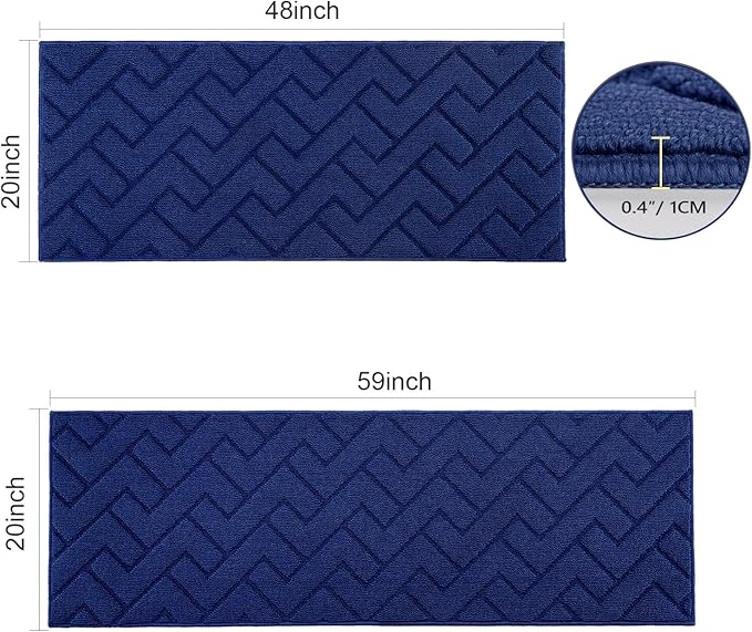hicorfe Kitchen Rugs and Mats Sets,Non-Slip 2 Pieces Absorbent 100% Polypropylene Rug,Comfort Kitchen Runner Mat,Washable for Kitchen,Sink,Laundry(20" x 48" Plus 20" x 59",Navy Blue)
