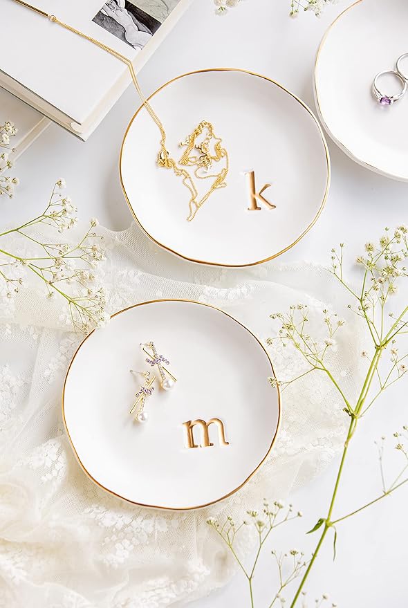 COLLECTIVE HOME - Ceramic Jewelry Tray, Decorative Trinket Dish for Rings Earrings Necklaces Bracelet Watch Keys, Birthday Mother's Day Christmas Gift for Women, 4.75", White Surface (T)