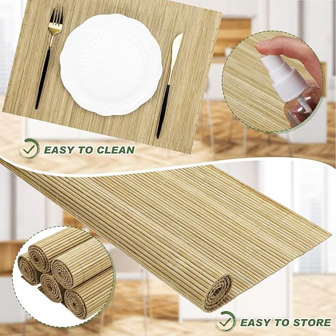 Patelai 12 Set Bamboo Placemats 15.8 x 12 Inch Sushi Rolling Mat Japanese Style Wicker Placemats Washable Heat Resistant Table Mats for Dinner Kitchen Wedding Party (Natural)