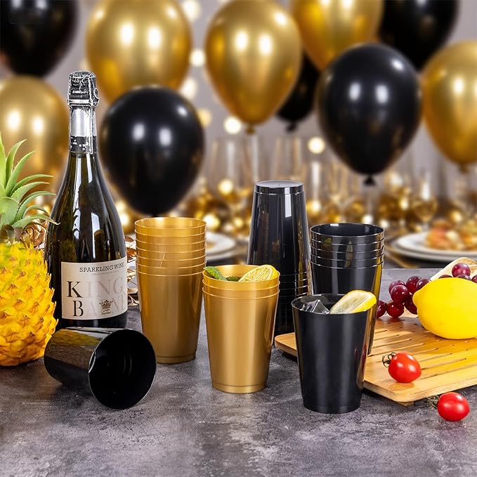 DaYammi 100 Pack Plastic Cups for Party- Disposable Gold Cups and Black Cup Include: 50 Black Plastic Cup, Gold Disposable cup for Party Supplies Festive Celebrations Wine Beer Beverage