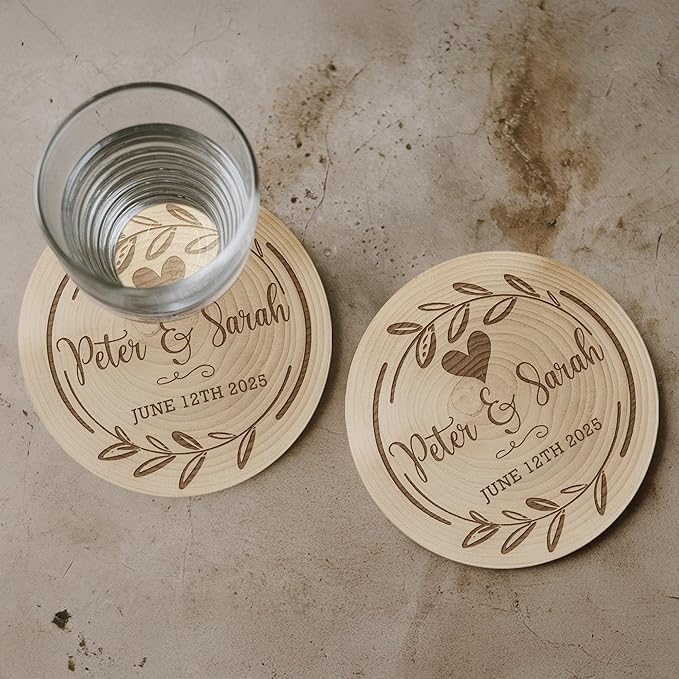 100 Pack Personalized Wedding Coasters, Custom Cardboard Coasters for Drinks with Photo Print and Text, Keepsake Wedding Favors and Gifts for Couples, 3.95" Round (Design 1)