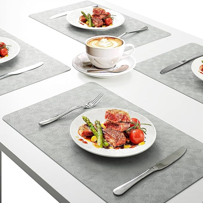 Vinyl Placemats Set of 8 Faux Leather 100% Waterproof Wipeable Washable Place Mats Heat Resistant Easy Clean Non-Slip Table Mats for Indoor Outdoor. (8, Light Gray)
