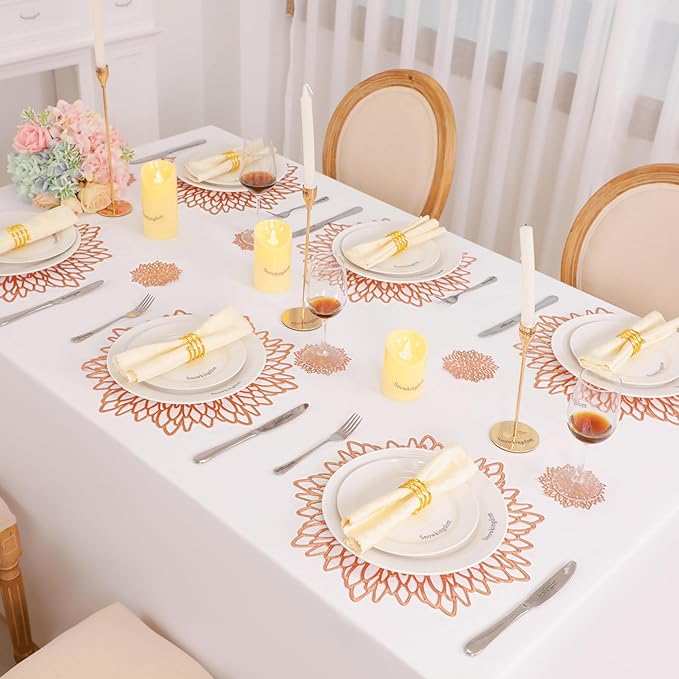 Snowkingdom 12 Pack Rose Gold Placemats Metallic Pressed Vinyl for Mother's Day Table Decoration Dinning Mats Bulk Round Floral Charger for Wedding Valentine's Day Christmas Holiday
