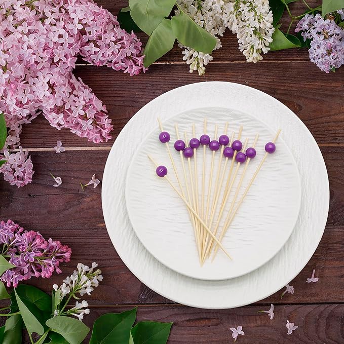 Minisland Purple Pearl Cocktail Picks, 4.7 Inch Long Bamboo Fancy Toothpicks for Appetizers, Decorative Bridal Wedding Holiday Party Food Drink Garnish Fruit Kabob Skewer Sticks 100 Counts - MSL454