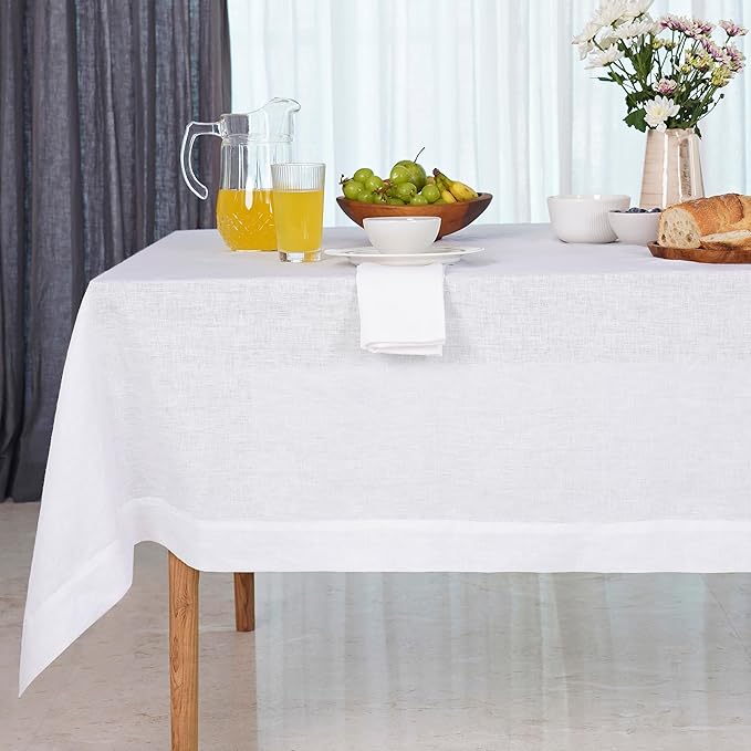 D'Moksha Homes White Linen Tablecloth 60 x 120 Inch - 100% Pure Linen Tablecloth for Rectangle Tables - Machine Washable Table Cloth for Valentines, Spring, Easter