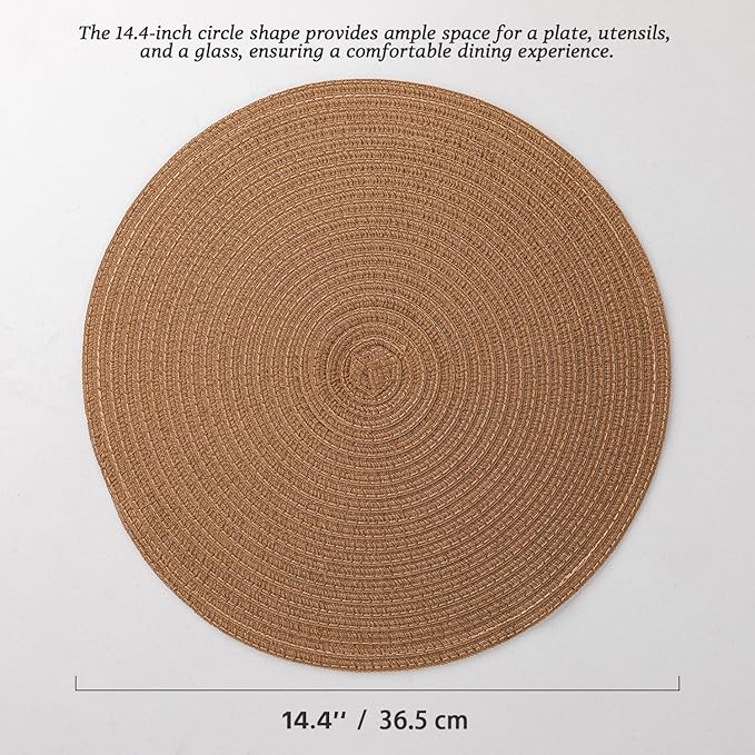 Round Placemats Set of 6 Woven Placemats Washable Braided Table Mats for Dining Table Heat Resistant Non-Slip Circle Place Mats(Brown)