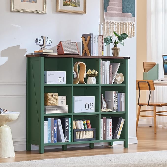 9 Cube Storage Organizer, Farmhouse 47 Inch Wide Vintage Green Bookshelf, Wooden 3 Tier Display Large Open Book Shelf, Rustic Bookcase for Home Office, Cubby Storage Cabinet for Living Room