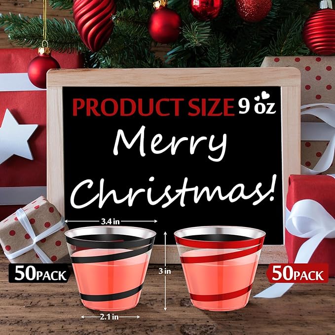 Gejoy 9 oz Rimmed Swirl Plastic Cups Disposable Wine Drinking Cups Clear Elegant Halloween Tumblers for Christmas Party Supplies(Red, Black,100 Pcs)