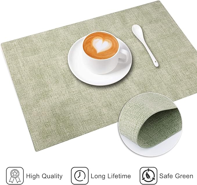 Leather Heat Resistant Placemats Set of 6 Waterproof Wipeable Washable PU Table Mats,Easy to Clean Anti-Slip Place Mats (Light Green, 6)