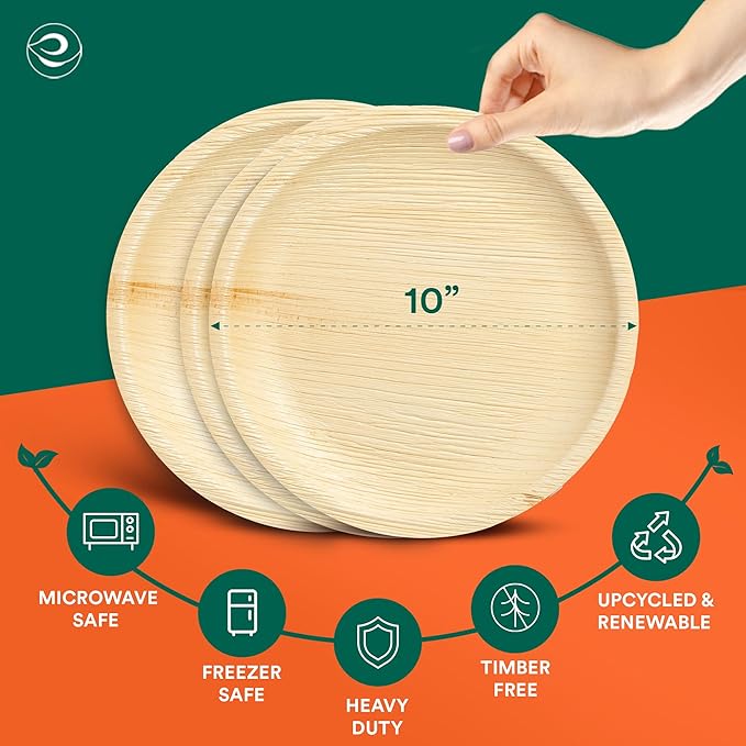 ECO SOUL Palm Leaf Disposable Bamboo Plates 10" Round Compostable & Biodegradable Party Plates for Dinner, Weddings, Parties & Events 200 Count
