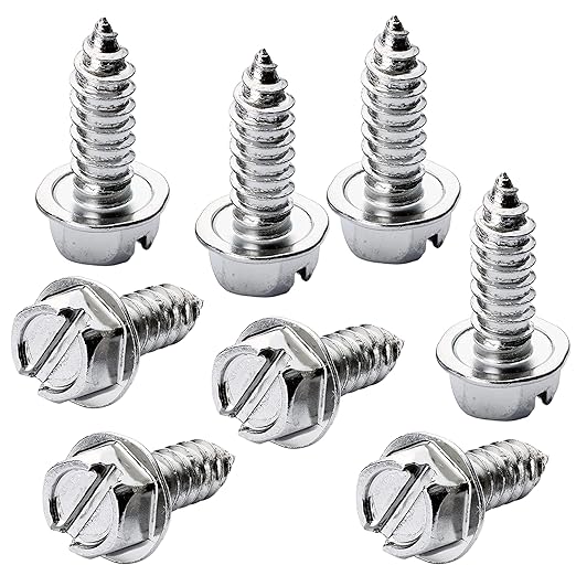 Chrome License Plate Screw Kit - Set of 8 Stainless Steel Fasteners for License Plates, Frames, and Covers on Domestic Cars, Trucks, Vans, SUVs - Rustproof, Self Tapping Mounting Bolts (Chrome Plated)