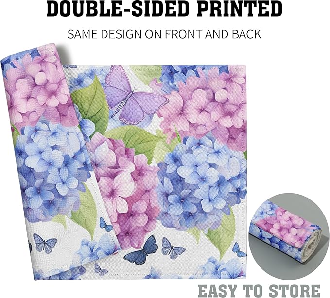Hydrangea Placemats Set of 4 - Floral Place Mats 12 x 18 Inch Pink Purple Hydrangea Flower Table Mats Spring Summer Butterflies Placemats for Dining Kitchen Party Farmhouse