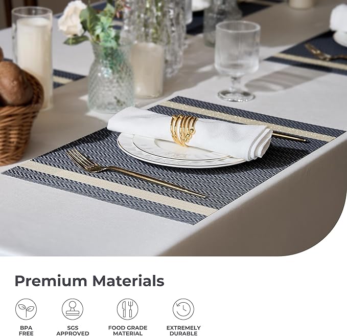 Leetaltree Luxury Dark Blue Placemats with Gold Stripes Placemats Set of 12 - Waterproof Washable for Wedding, Anniversary, Daily Use - Sparkling Table Decor - Hand-Cut