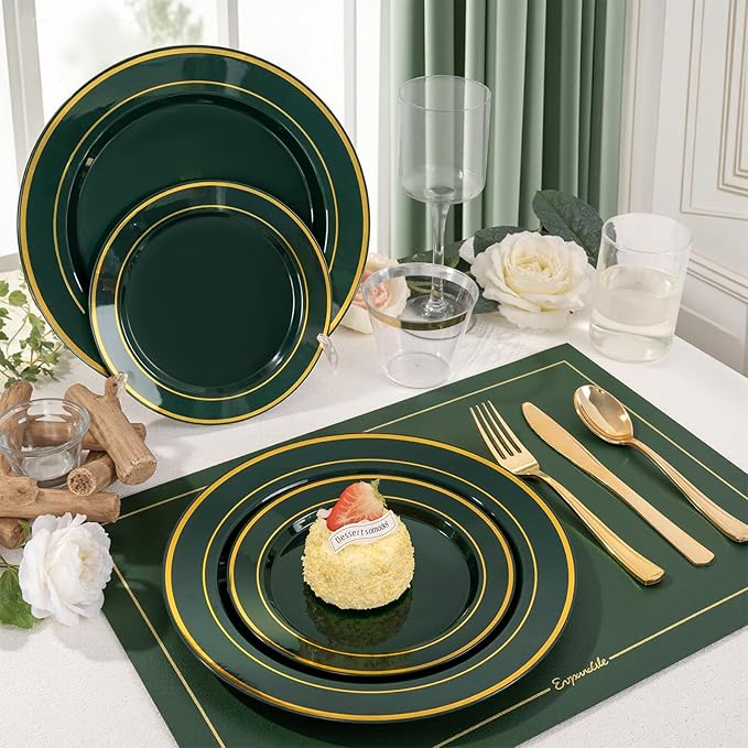 175PCS Green Plastic Plates - Green and Gold Disposable Plates 25Guests Plastic Plates with Rolled Napkins for Birthday/St. Patrick's Day
