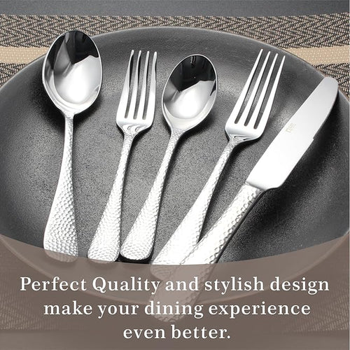 20-Piece Forged Hammered Stainless Steel Flatware Cutlery Set for 4, SXY INOX Shape of Water Drop Includes Dinner Knives/Forks/Spoons,Tea Spoons, Salad Forks, Mirror Polished - Dishwasher Safe