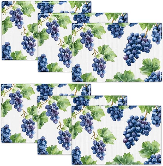 Grape Placemats Set of 6, Blue Grapes Place Mats, Fruit Waterproof Washable Table Mats for Home Party Indoor Kitchen Dining Table Decoration 12x18 Inch