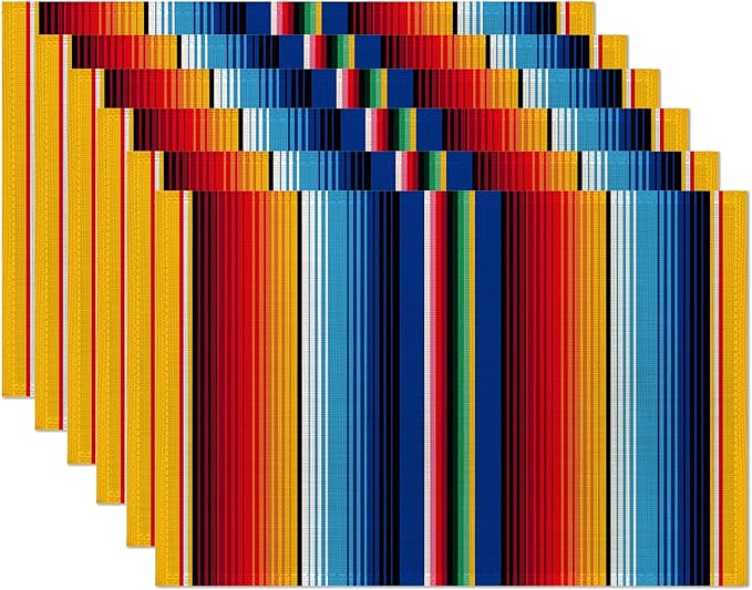Rainbow Colorful Stripe Mexican Placemats Set of 6,Ethnic Mexican,Waterproof Non-Slip Washable Table Mats Set for Kitchen Dining Holiday Party Wedding Decor 12x18 Inch