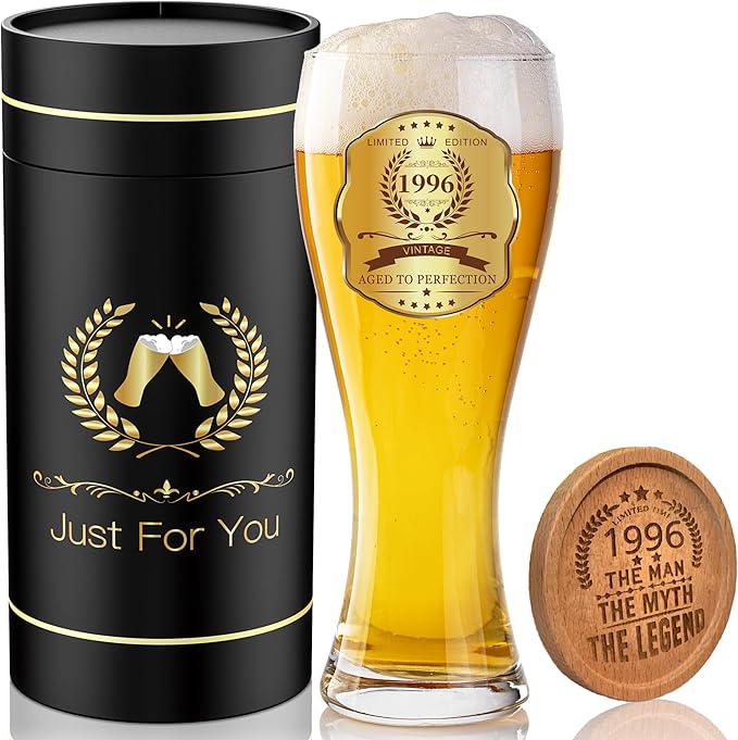 30th Birthday Beer Glasses Gifts, Personalized '1996' Vintage Glass Ware Set for Men, Black Gift Package with Drinking Glass, Coaster, and Card for 30 Years Old Man