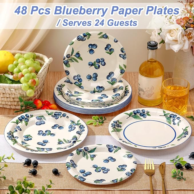 48 Pcs Blueberry Paper Plates Set Baby Shower 9" 7" Summer Watercolor Disposable Plates Decorative Dinner Plates Birthday Party Tableware for Party Supplies Decoration