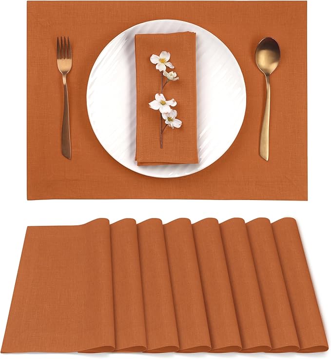 D'Moksha Homes Linen Rust Placemats Set of 8-100% Pure Linen Placemats 14 x 19 Inch for Spring, Easter - Handcrafted and Machine Washable