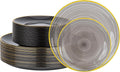 Morejoy 100Pcs Black Plastic Plates,Black Disposable Plates With Gold Rim,Heavy-duty Gold Plate, Modern swirl design Plate Include 50Clear Dessert-plates,50Dinner-plates for Party,New Year