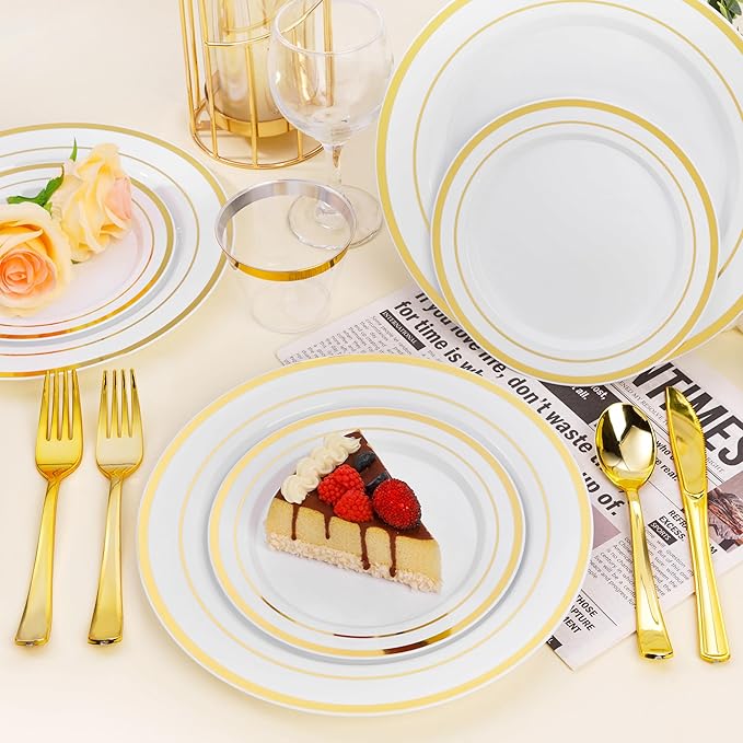 BESTSTAR 100PCS White Plastic Plates for Party, 10.25 Inch Disposable Plates with Gold Rim, Heavy Duty Dinner Plates for Christmas, Party, Wedding and Birthday