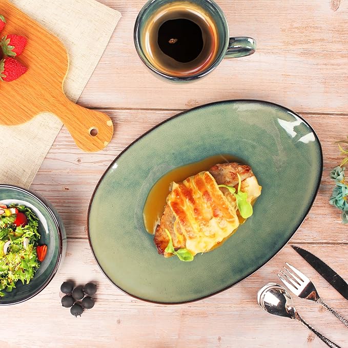 Ceramic Serving Platters - Set of 4 Platters for Entertaining, Modern Kitchen Dishes for Dinner, Fruit, Salad, Serving Trays, Curved Oval Plates 13.4 Inch