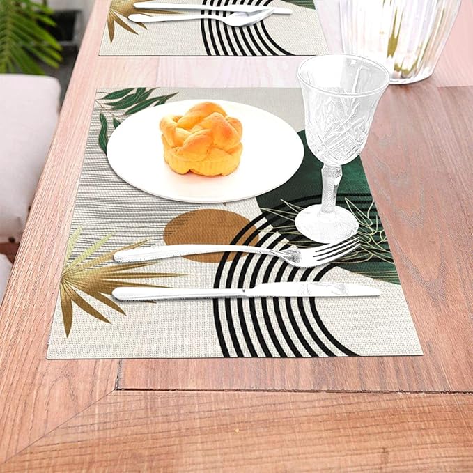 Mid Century Placemats 12x18 Inches Set of 4, Boho Green Gold Tropical Leaf Decorative Rectangle Table Mats for Party Home Kitchen Dining Table Decoration