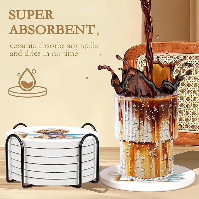 Drink Coasters with Holder,6 Pcs Dog Beach Absorbent Ceramic Drink Pads, Non-Slip Table Protectors for Coffee & Glasses