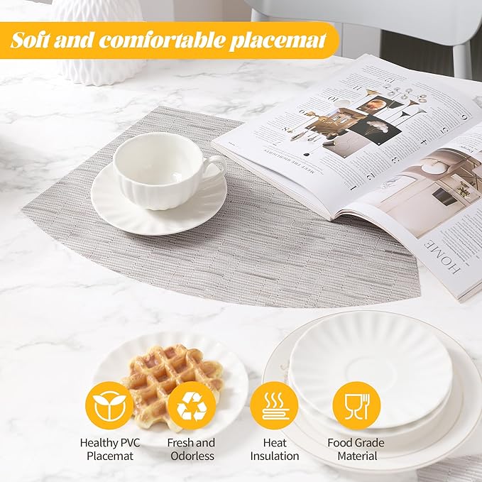roddyricch Wedge Placemats for Round Tables, Set of 4 Non-Slip PVC Round Table Placemats - Heat Resistant & Wipe Clean Centerpiece Mats for Dining Kitchen Decor (Silver)