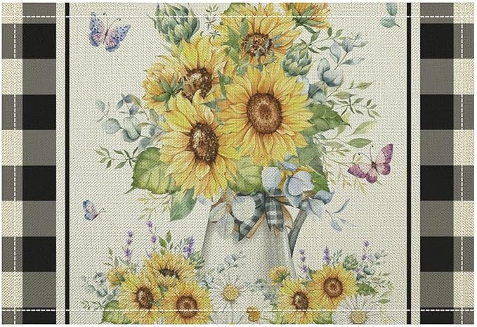 Vintage Sunflower Theme Placemat Set, Rustic Farmhouse Vivid Lavender Floral Butterflly Black White Check Pattern Home Decor Linen Table Mats for Dining Room Kitchen Party (17x12in) x4P