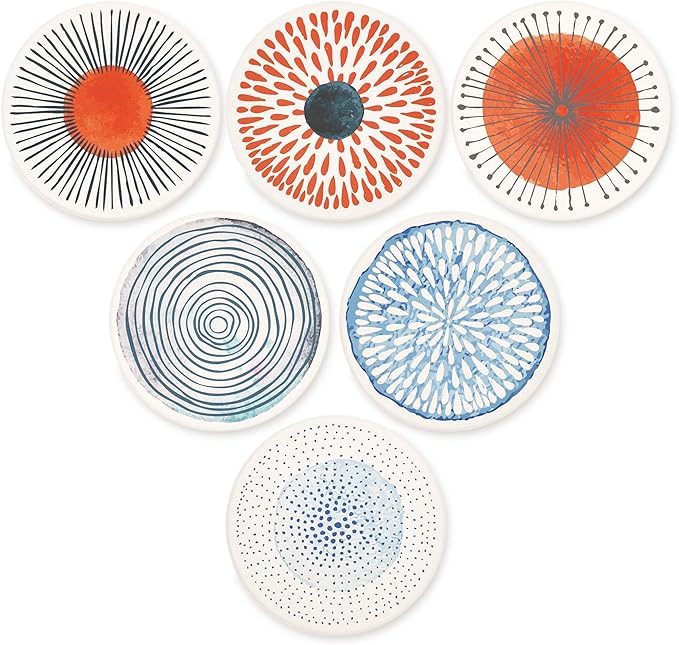 AD Set of 6 Coasters for Drinks Absorbing Round Ceramic Stone Coaster with Cork Base Tabletop Protection Mat for Mugs and Cups,Office,Kitchen (Colorful Series)