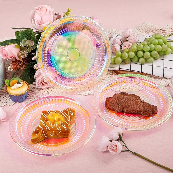 WELLIFE Iridescent Plastic Plates 9 Inch, 150 Count Disposable Plastic Dessert Plates for Disco Party Decorations Wedding Baby Shower Birthday Easter Valentine's Day Party