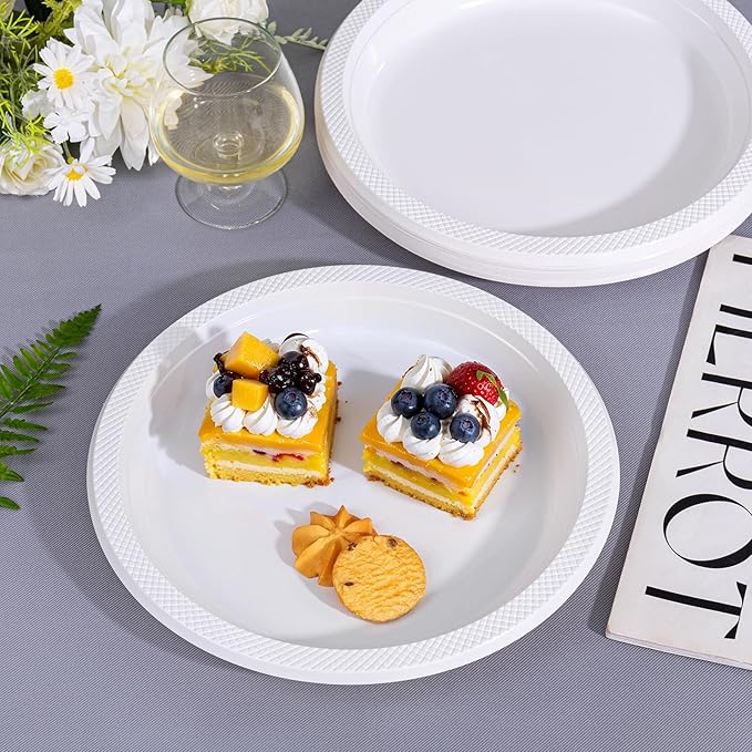 WELLIFE White Plastic Plates 10 Inch -150 Count for Party, Disposable Plastic Party Plates for New Year Wedding Dinner Birthday Engagement