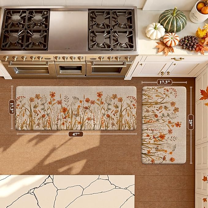 KIMODE Fall Kitchen Mats Cushioned Anti Fatigue, Orange Farmhouse Kitchen Rugs Sets of 2, Non Slip Kitchen Mats for Floor, Padded Kitchen Floor Mats for Sink Laundry Office Desk 17"x47"+17"x29"