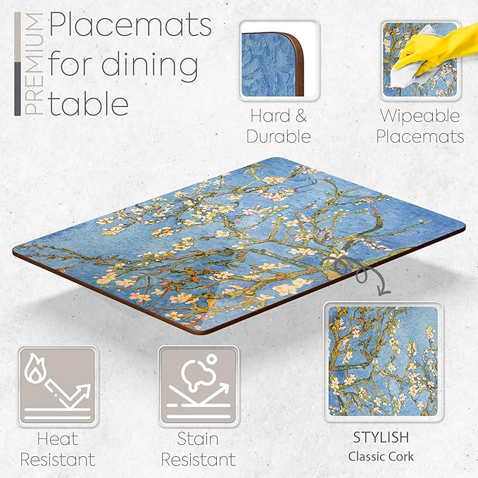 Set of 4 Heat Resistant Cork Placemats for Dining Table with Free Set of 4 Matching Drink Coasters Van Gough Blue Botanical Design 16 x 12 Inches Cork Backed Hard Placemats (Almond Blossoms)
