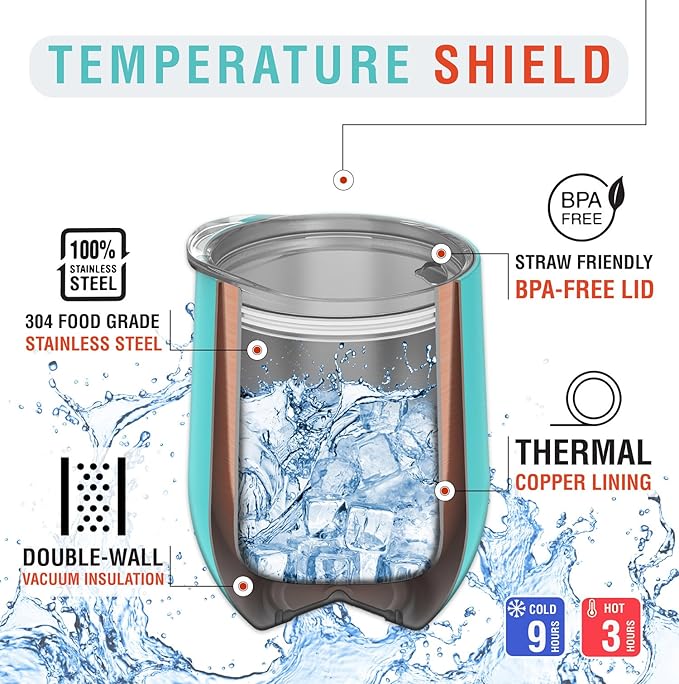 CHILLOUT LIFE 12 oz Stainless Steel Wine Tumbler with Lid - Double Wall Vacuum Insulated Wine Cup Glass Keeping Cold & Hot for Coffee, Champagne, Cocktails, Ice Cream - Wood