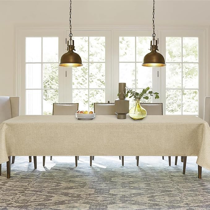 JIUZHEN 2 Pack Faux Linen Farmhouse Tablecloth Rectangular, Wrinkle Stain Resistant Table Cloth Rectangle Table Cover for Kitchen Dining, Beige, 54 x 120 Inch