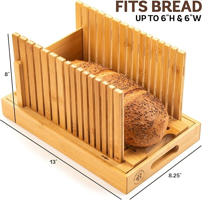 Bread Slicer for Homemade Bread - Bambüsi Upgraded Adjustable Bamboo Bread Cutter Board, Foldable Slicing Guide with Crumb Tray for Sourdough, Artisan Loaves, Bagels, Cakes, Bakery Kitchen Gadget Gift