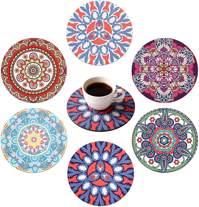 Round Coasters Set of 6,Non Slip Rubber Coasters for Drinks,Mandala Pattern Design Coaster for Coffee Table Wine Glass Home Bar 4.7 Inch