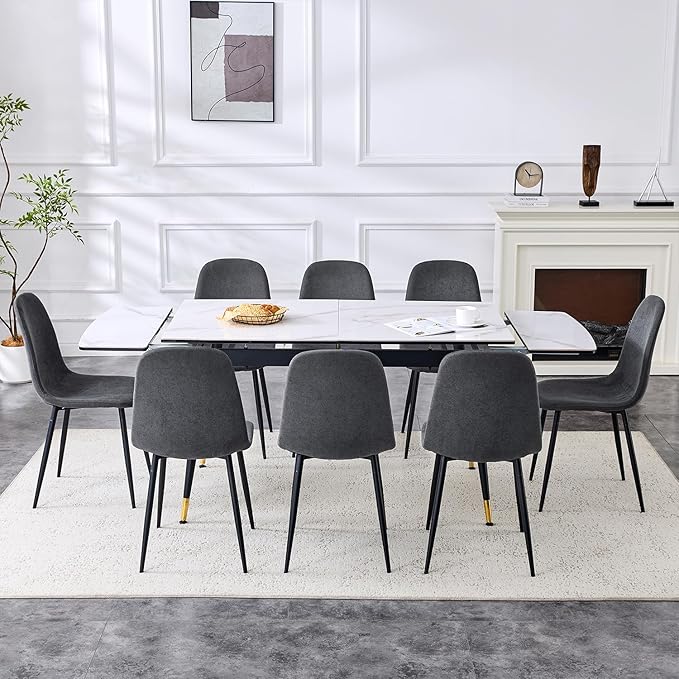 Extendable Dining Table Set for 8, 55'' to 78.8'' Rectangular Thickened Sintered Stone Kitchen Table with 8 Upholstered Chairs, Modern Space Saving 9-Piece Dinner Table Set