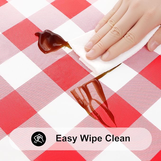 Smiry Square Picnic Table Cloth, Elastic Waterproof Fitted Vinyl Tablecloths, Flannel Backed Buffalo Plaid Table Covers for Dining, Camping, Outdoor (White and Red, 42" x 42")