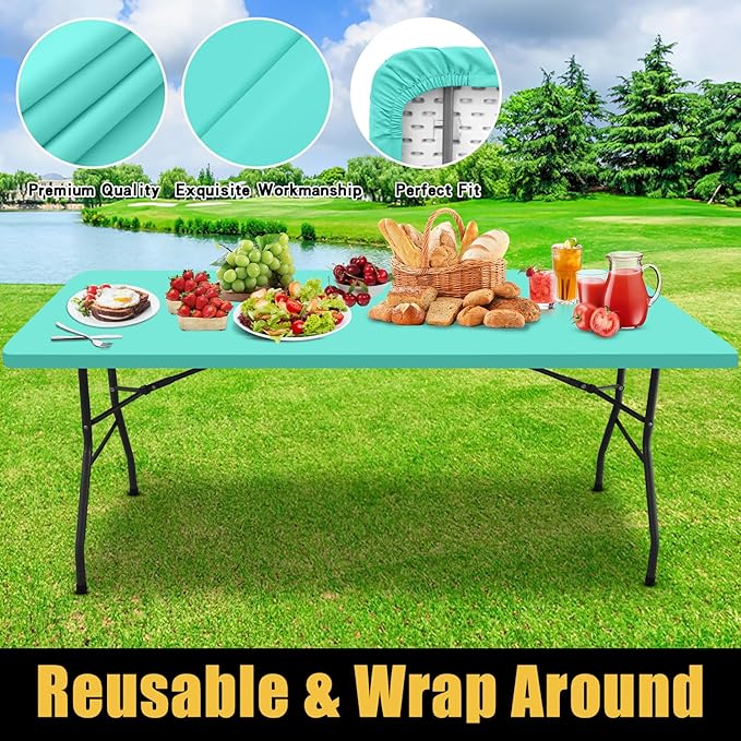 Smiry Rectangle Picnic Table Cloth, Waterproof Elastic Fitted Tablecloths for 5 Foot Tables, Washable Polyester Table Cover for Camping, Indoor and Outdoor (Aqua, 30"x60")