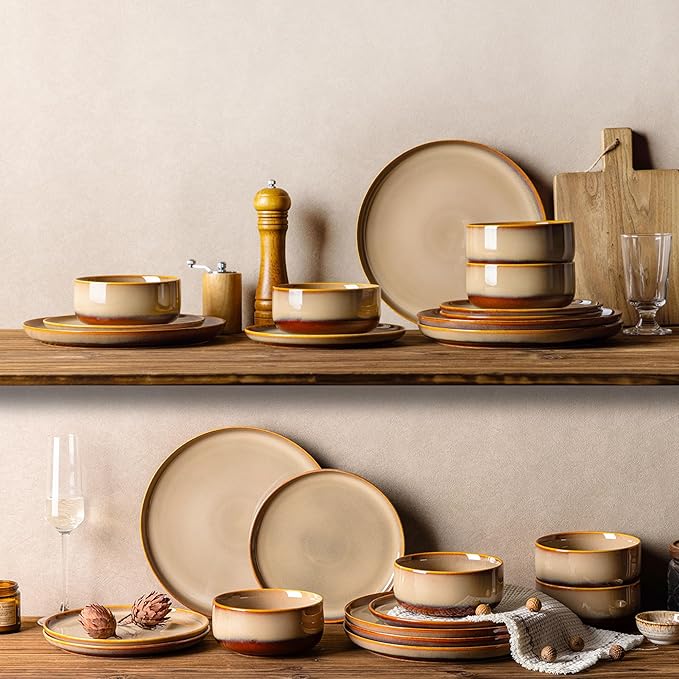 TheTerra Ceramic Dinnerware Sets for 6, 18 Pieces Handmade Reactive Glaze Plates and Bowls Set, Scratch Resistant Dish Set, Oven & Microwave & Dishwasher Safe, Creamy Amber