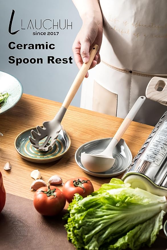 LAUCHUH Spoon Rest for Kitchen Counter,5" Spoon Holder for Kitchen Counter Stove Top Ceramic Spatula Holder for Ladle, Spatula, Spoons or Tongs, Christmas Decor, Unique Green