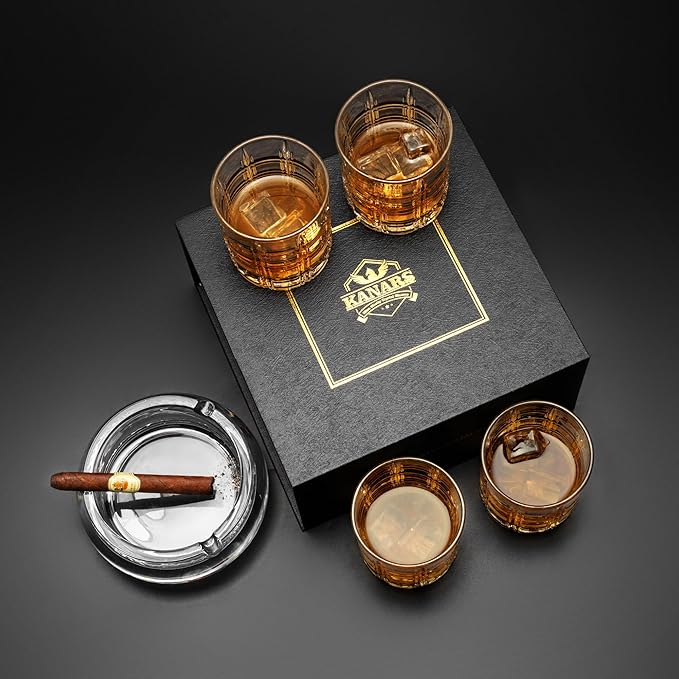 KANARS Crystal Whiskey Glasses - 10 Oz Rock Glasses in Luxury Gift Box - Set of 4 Lowball Bourbon Glass Tumbler for Birthday, Wedding Anniversary, Valentine's Day and Retirement