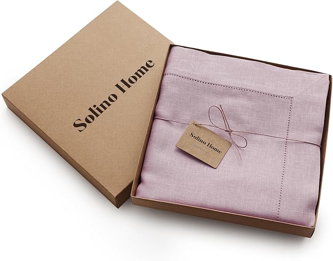 Solino Home Lilac Linen Tablecloth 60 x 90 Inch - 100% Pure Linen Hemstitch Table Cloth for Rectangle Tables - Classic Hemstitch, Machine Washable Tablecloth for Valentines, Spring, Easter